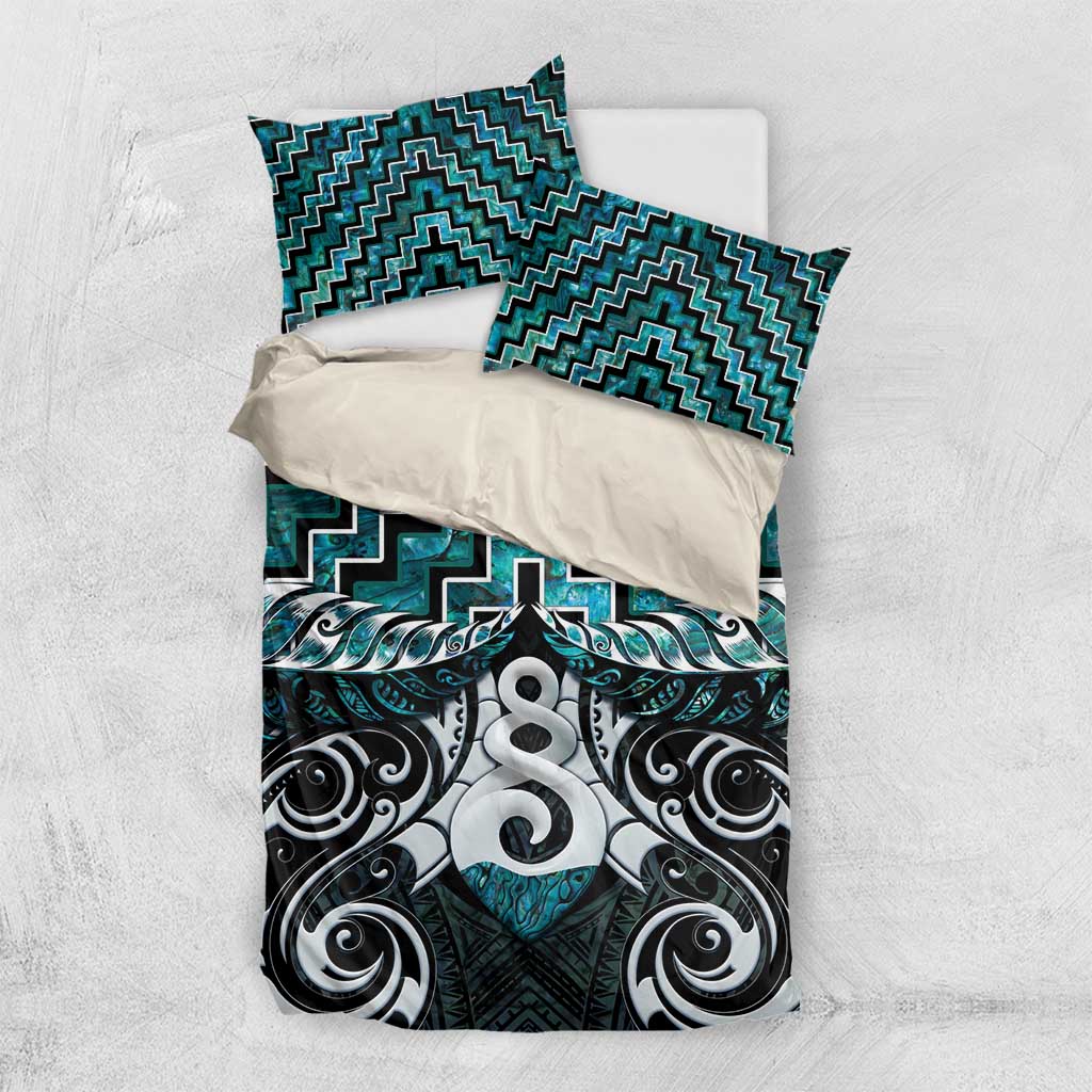 New Zealand Maori Bedding Set Poutama Pikorua Turquoise Paua Shell