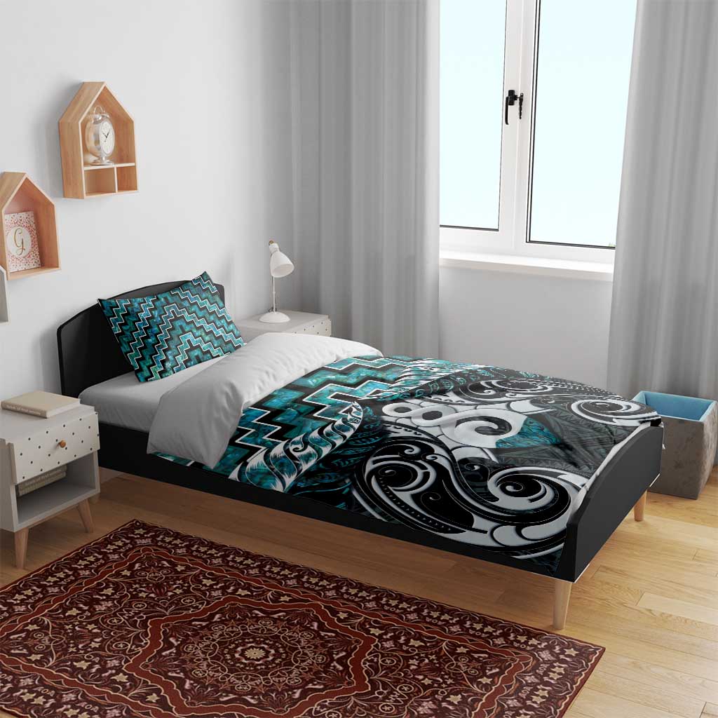 New Zealand Maori Bedding Set Poutama Pikorua Turquoise Paua Shell