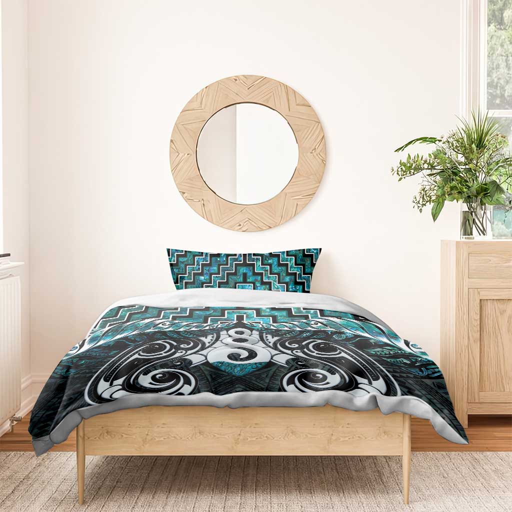 New Zealand Maori Bedding Set Poutama Pikorua Turquoise Paua Shell