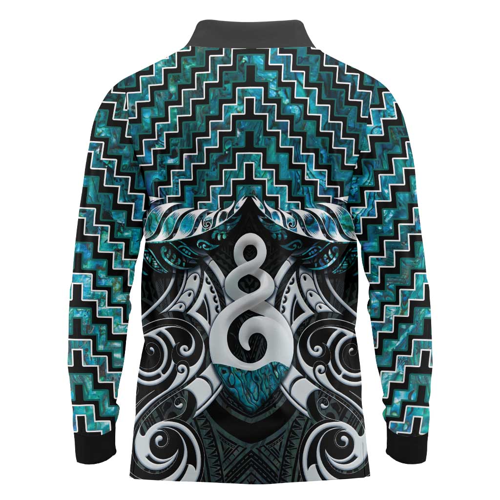 New Zealand Maori Long Sleeve Polo Shirt Poutama Pikorua Turquoise Paua Shell