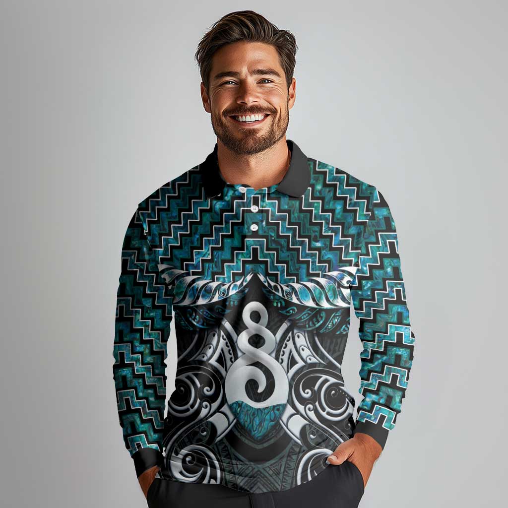 New Zealand Maori Long Sleeve Polo Shirt Poutama Pikorua Turquoise Paua Shell