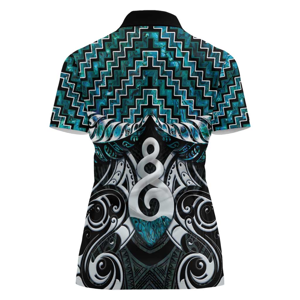 New Zealand Maori Women Polo Shirt Poutama Pikorua Turquoise Paua Shell