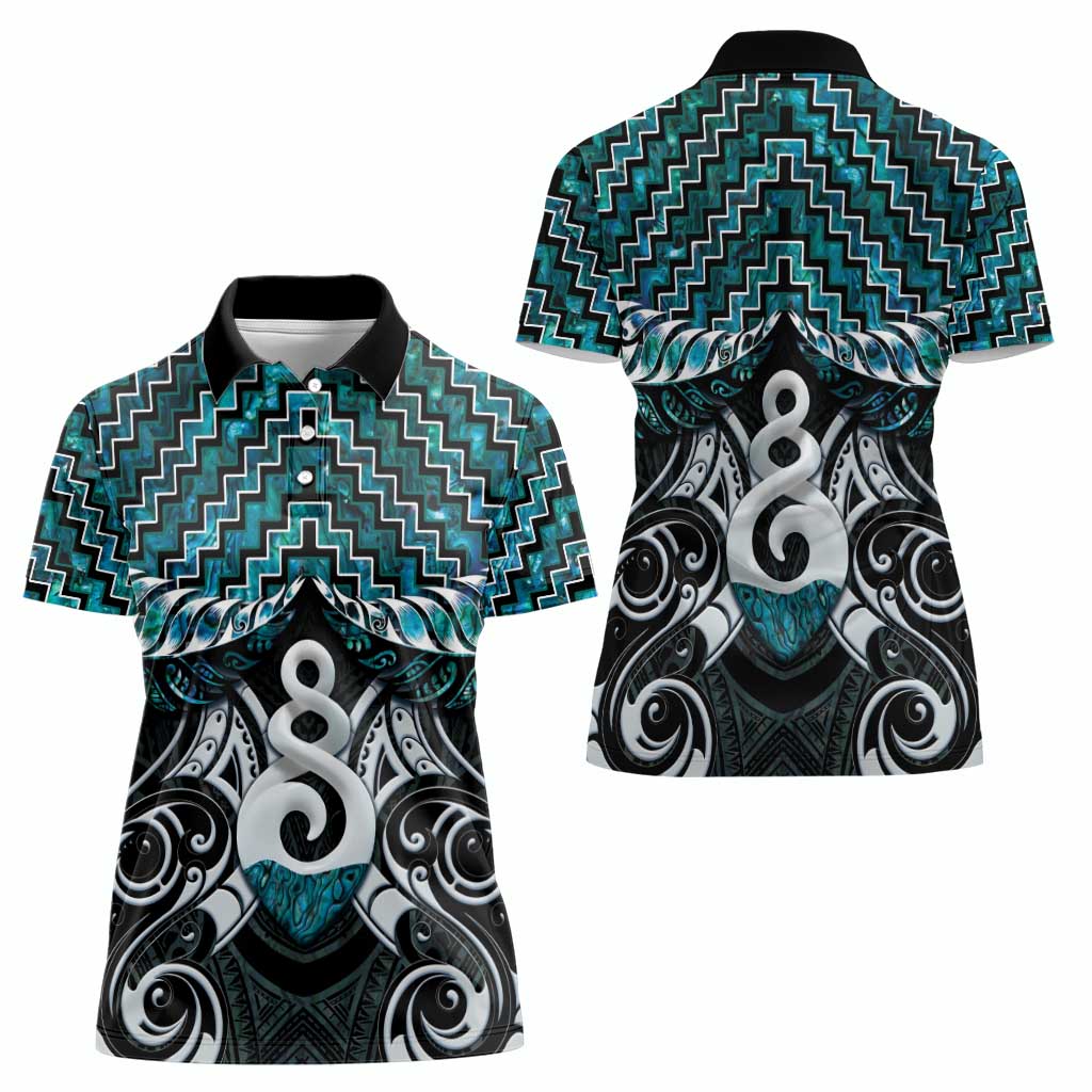 New Zealand Maori Women Polo Shirt Poutama Pikorua Turquoise Paua Shell