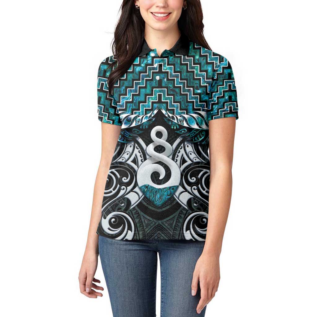 New Zealand Maori Women Polo Shirt Poutama Pikorua Turquoise Paua Shell