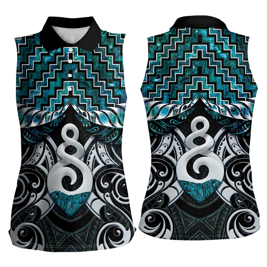 New Zealand Maori Women Sleeveless Polo Shirt Poutama Pikorua Turquoise Paua Shell