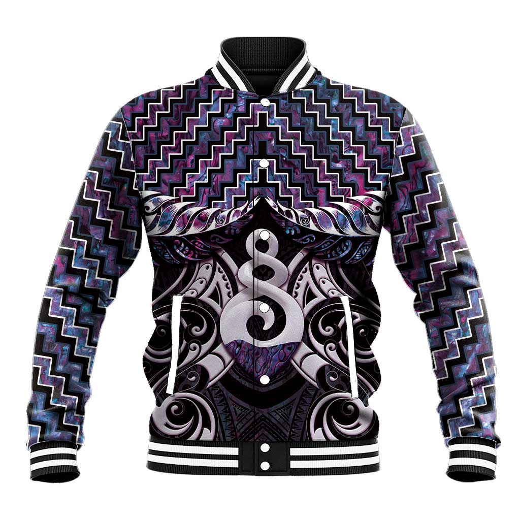 New Zealand Maori Baseball Jacket Poutama Pikorua Purple Paua Shell