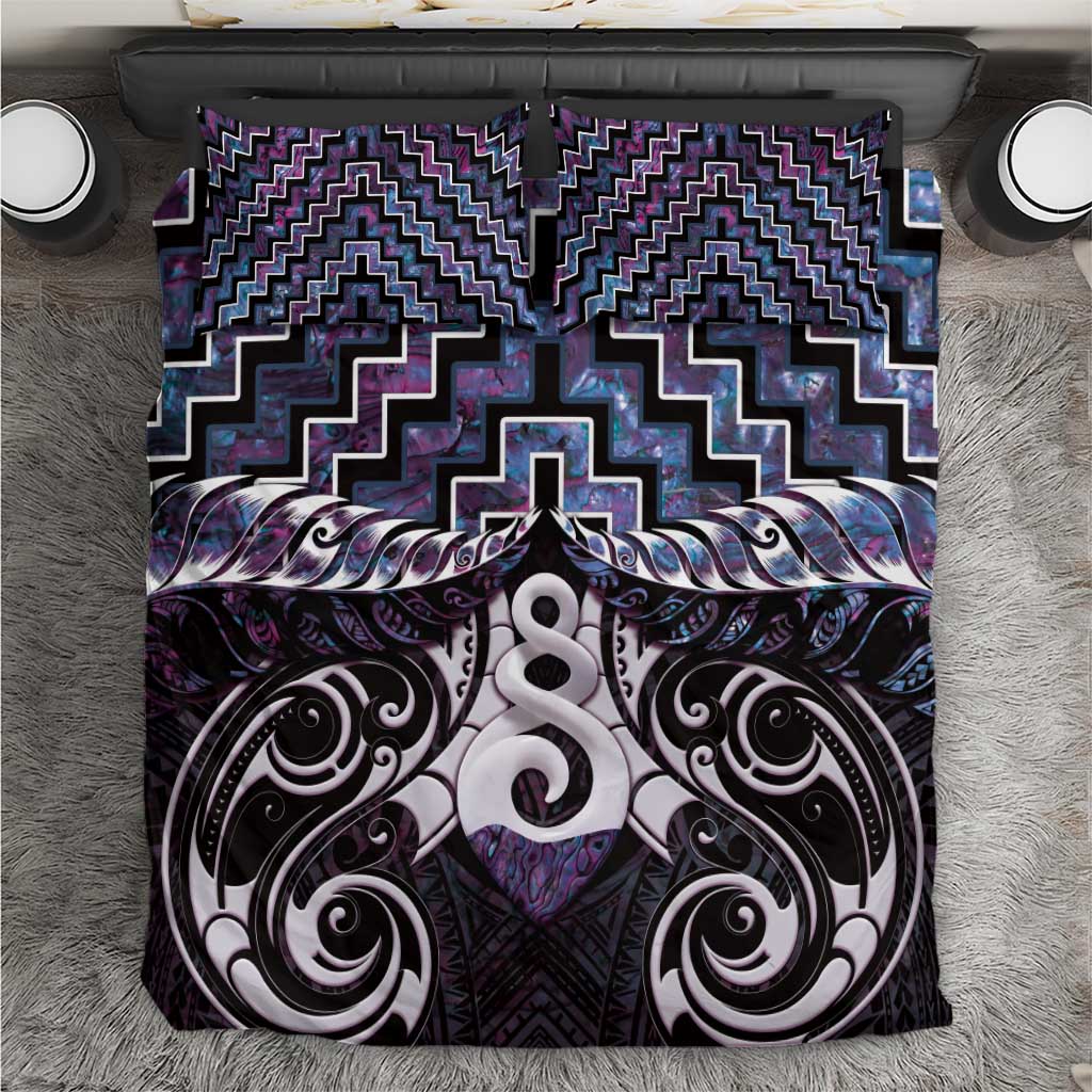 New Zealand Maori Bedding Set Poutama Pikorua Purple Paua Shell