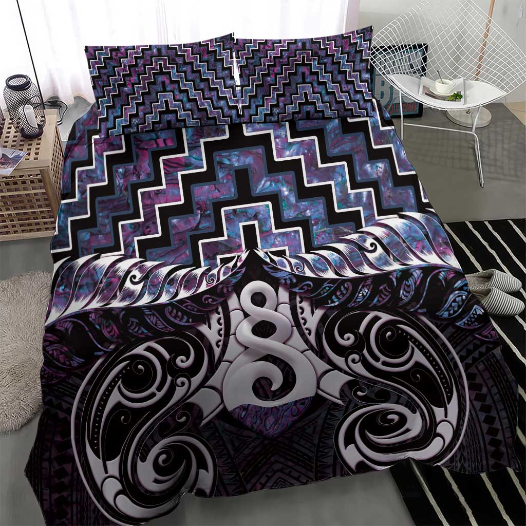 New Zealand Maori Bedding Set Poutama Pikorua Purple Paua Shell