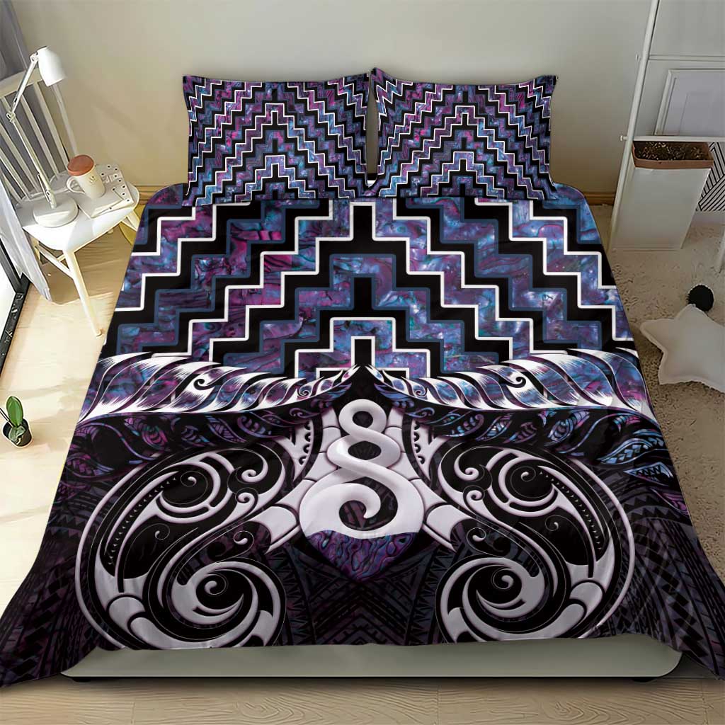 New Zealand Maori Bedding Set Poutama Pikorua Purple Paua Shell