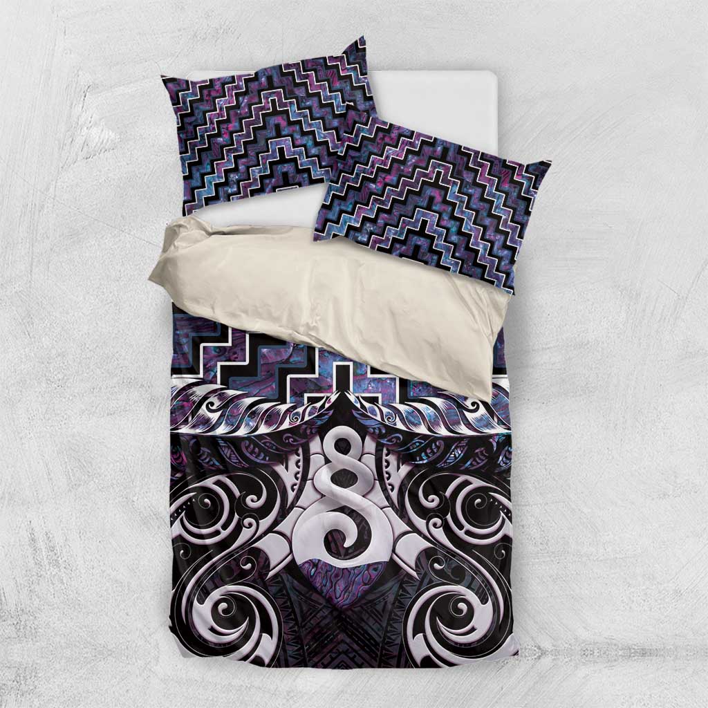 New Zealand Maori Bedding Set Poutama Pikorua Purple Paua Shell