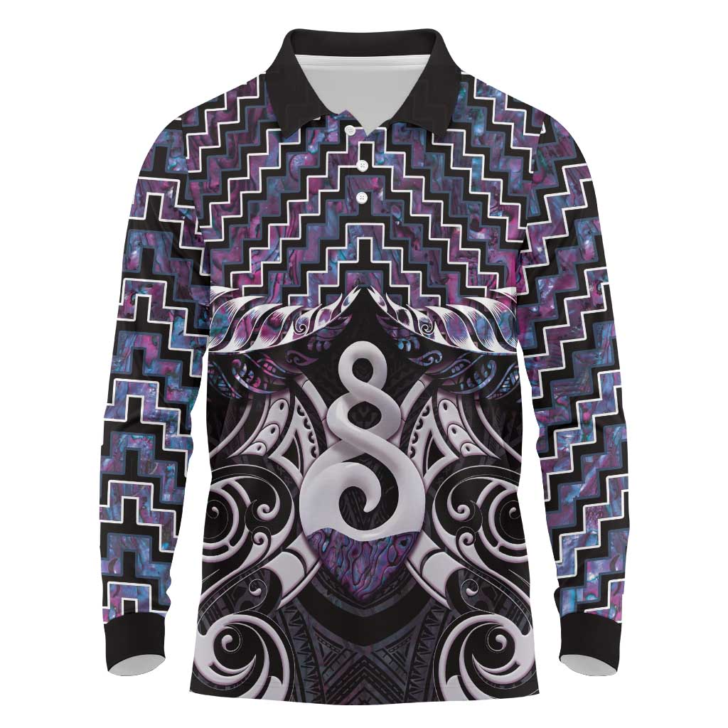 New Zealand Maori Long Sleeve Polo Shirt Poutama Pikorua Purple Paua Shell