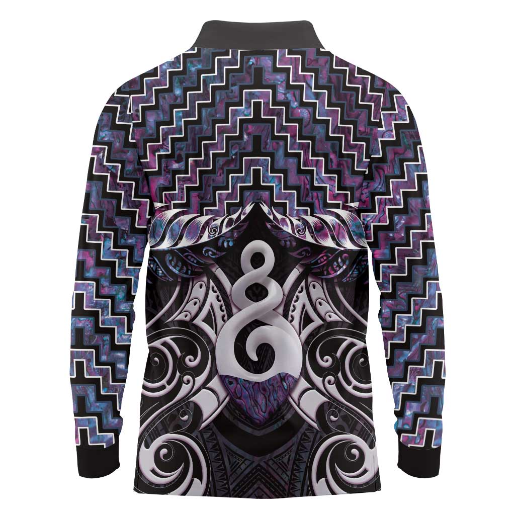 New Zealand Maori Long Sleeve Polo Shirt Poutama Pikorua Purple Paua Shell