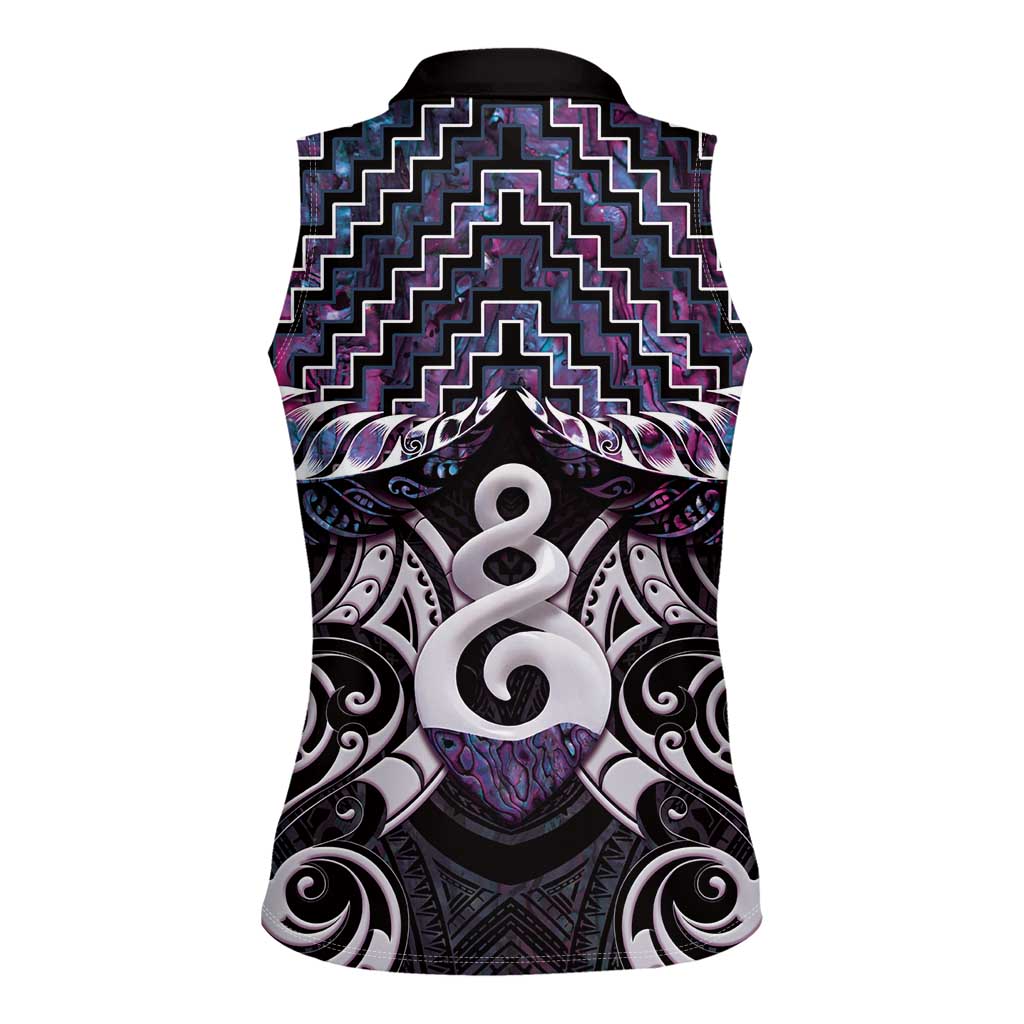 New Zealand Maori Women Sleeveless Polo Shirt Poutama Pikorua Purple Paua Shell