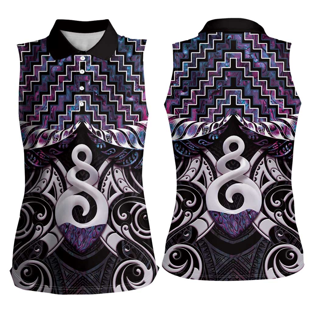 New Zealand Maori Women Sleeveless Polo Shirt Poutama Pikorua Purple Paua Shell