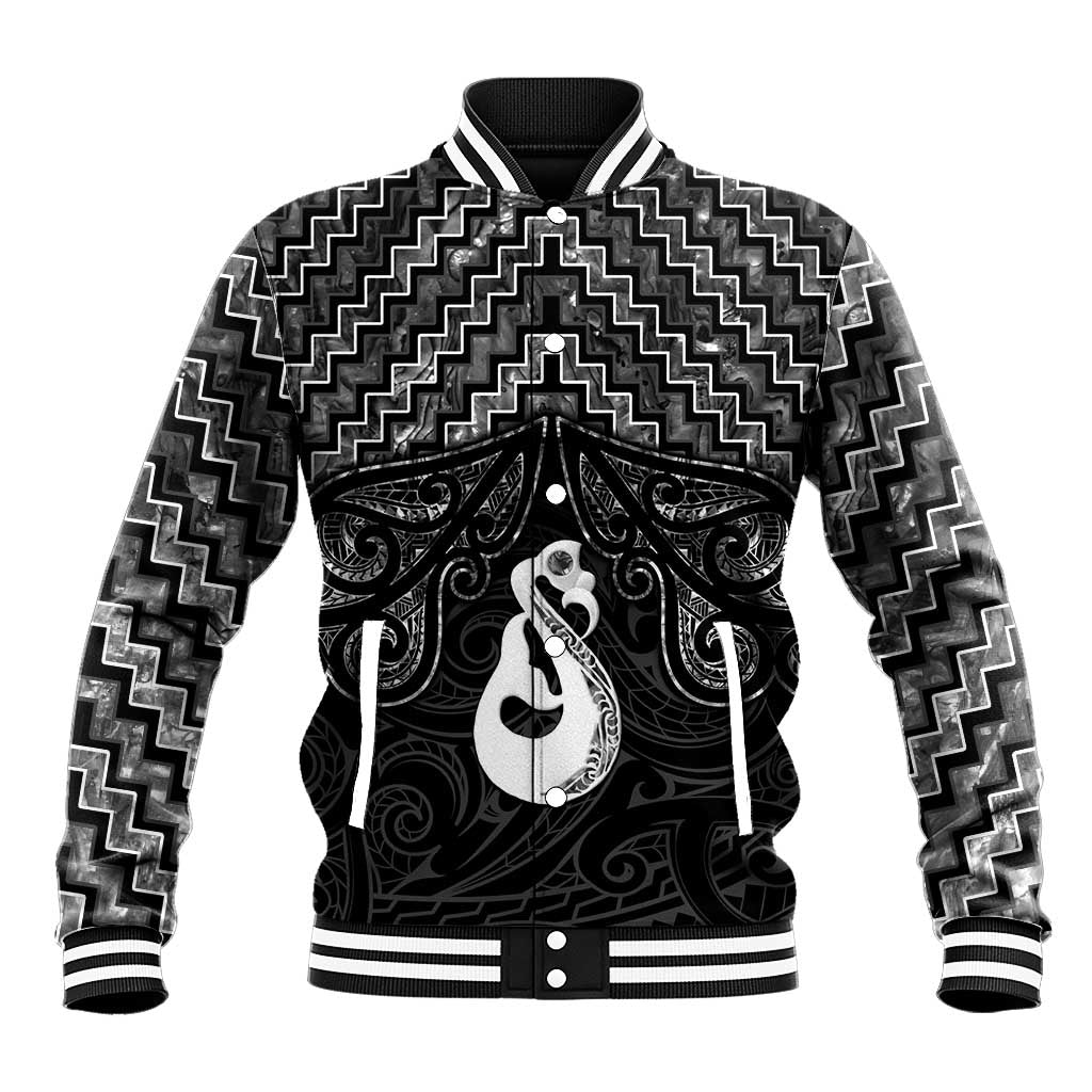 New Zealand Maori Baseball Jacket Poutama Manaia Black Paua Shell