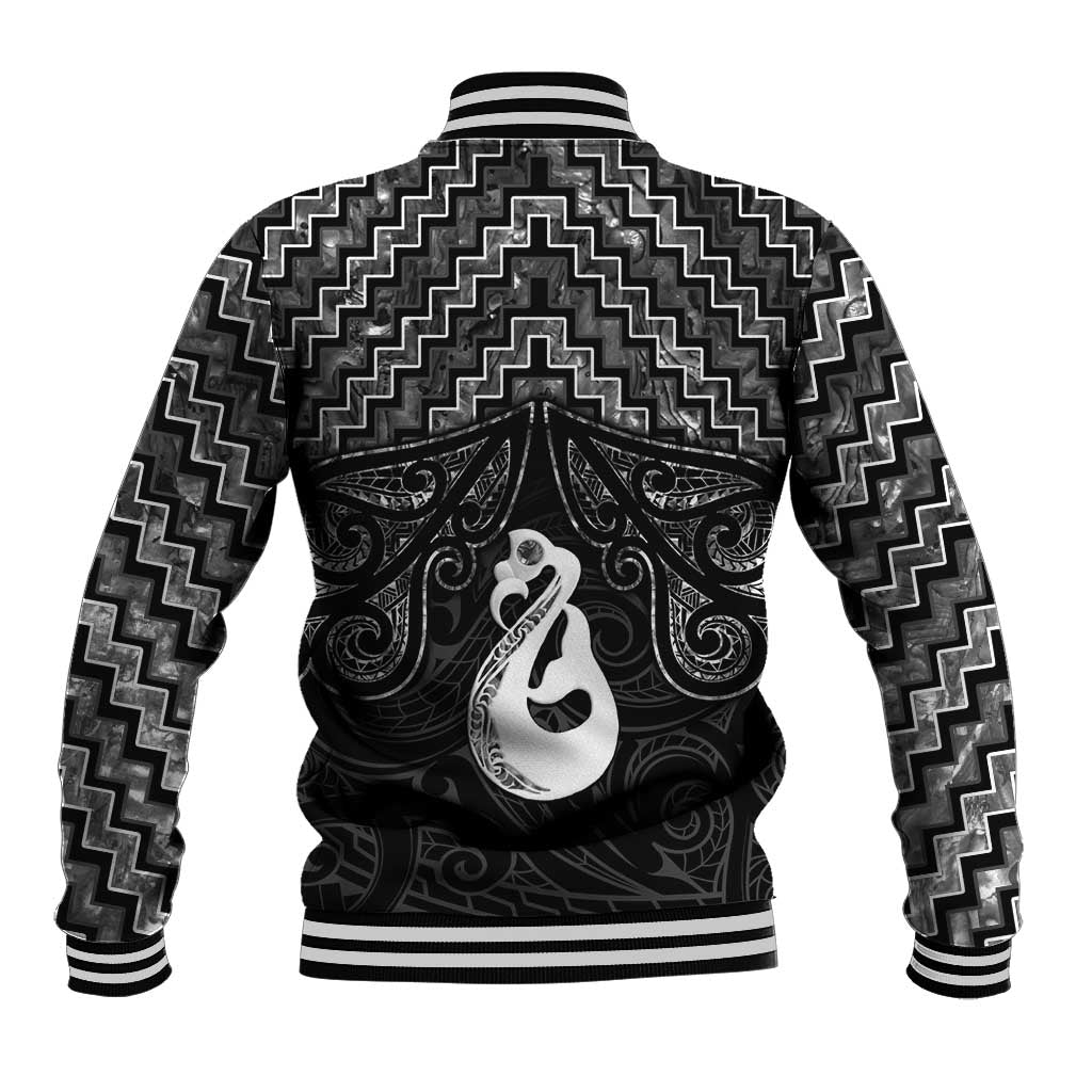 New Zealand Maori Baseball Jacket Poutama Manaia Black Paua Shell