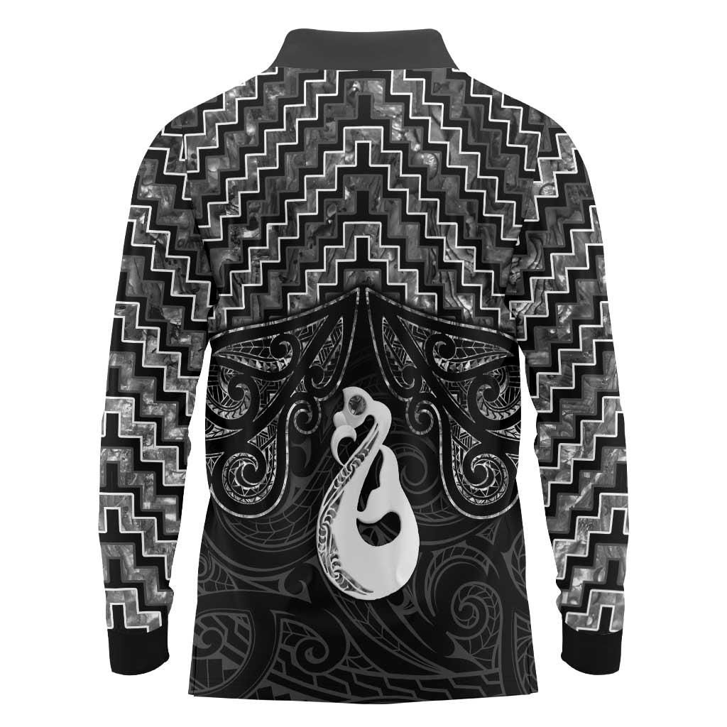 New Zealand Maori Long Sleeve Polo Shirt Poutama Manaia Black Paua Shell