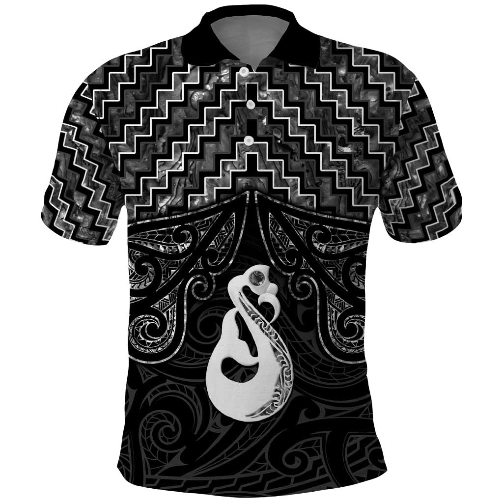 New Zealand Maori Polo Shirt Poutama Manaia Black Paua Shell