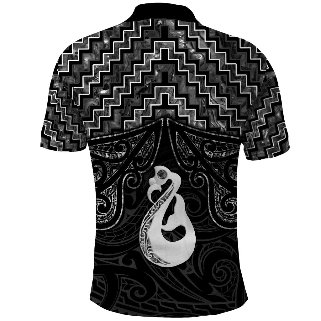 New Zealand Maori Polo Shirt Poutama Manaia Black Paua Shell