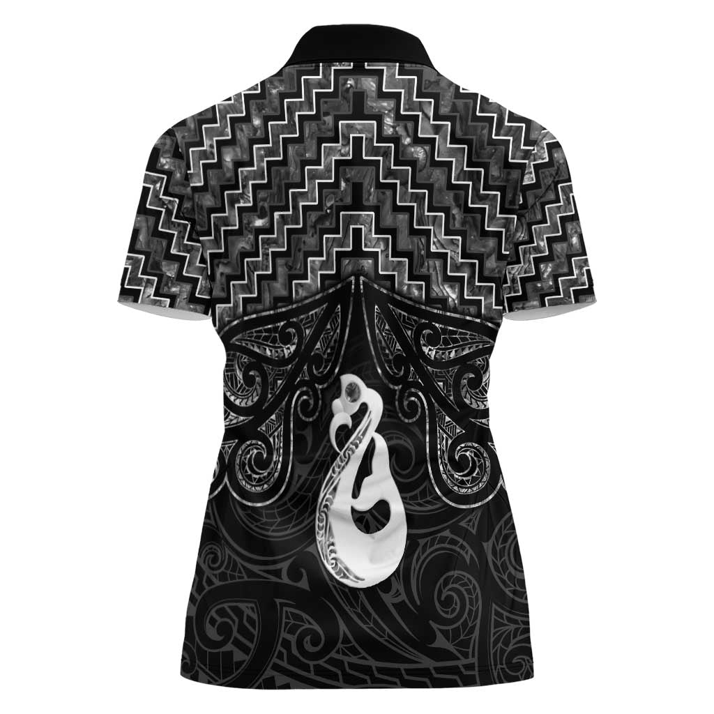 New Zealand Maori Women Polo Shirt Poutama Manaia Black Paua Shell