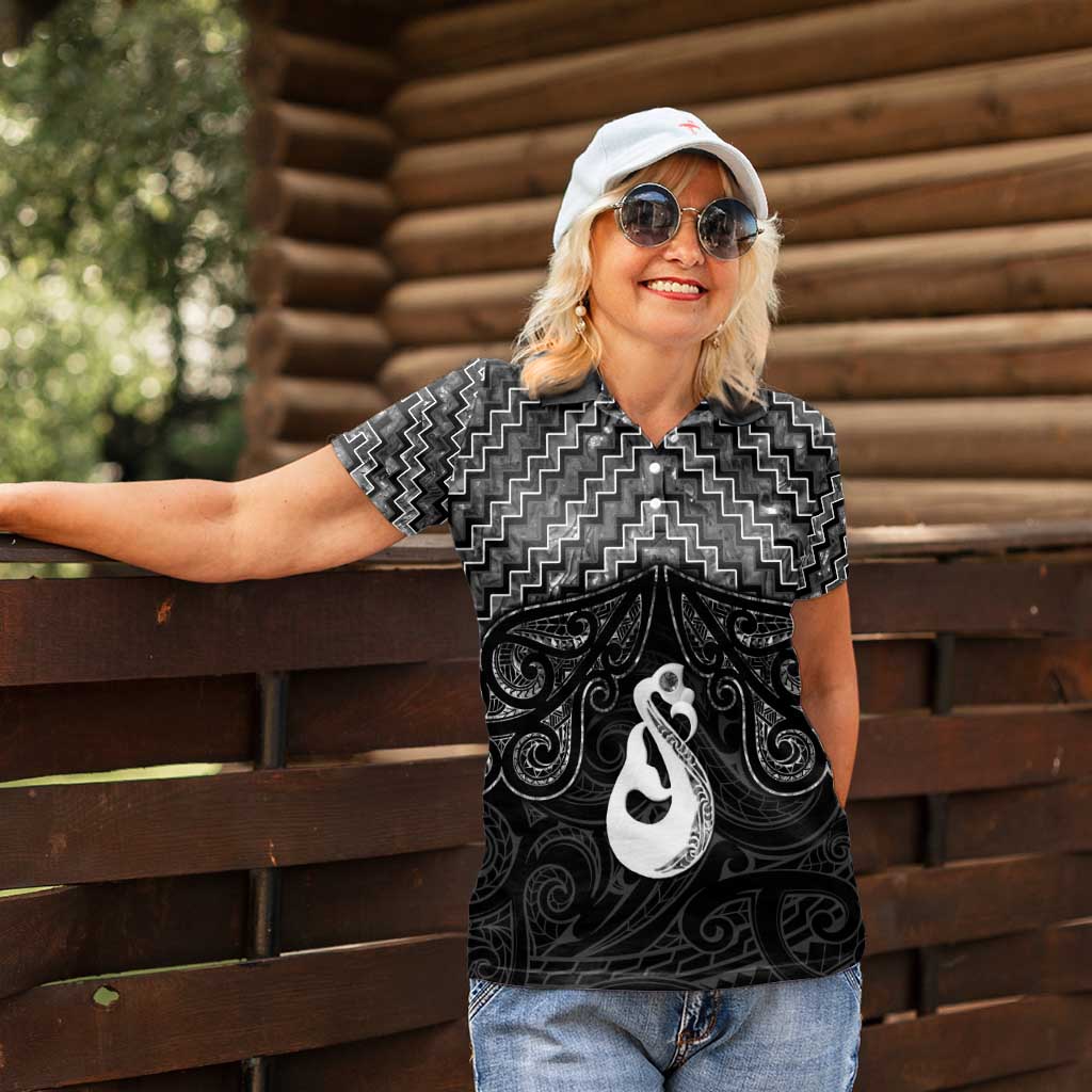 New Zealand Maori Women Polo Shirt Poutama Manaia Black Paua Shell