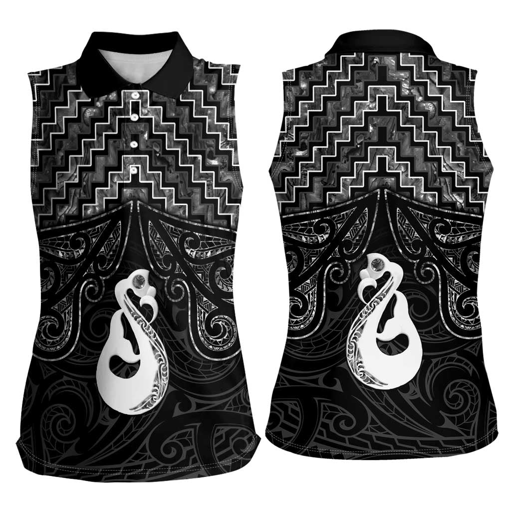 New Zealand Maori Women Sleeveless Polo Shirt Poutama Manaia Black Paua Shell