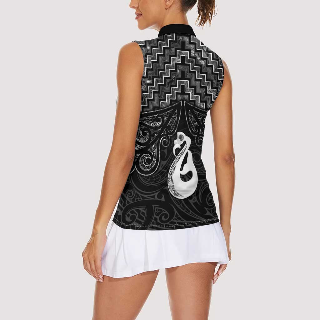 New Zealand Maori Women Sleeveless Polo Shirt Poutama Manaia Black Paua Shell