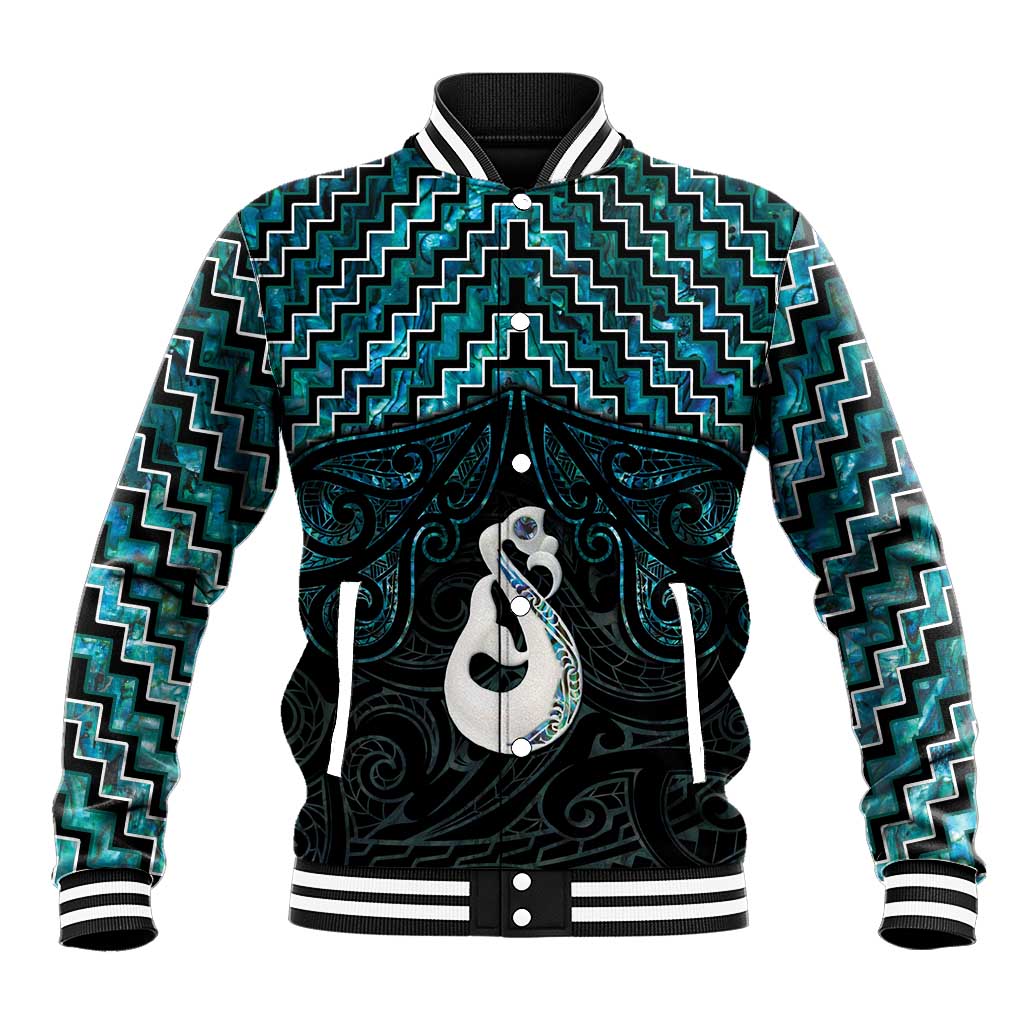 New Zealand Maori Baseball Jacket Poutama Manaia Turquoise Paua Shell