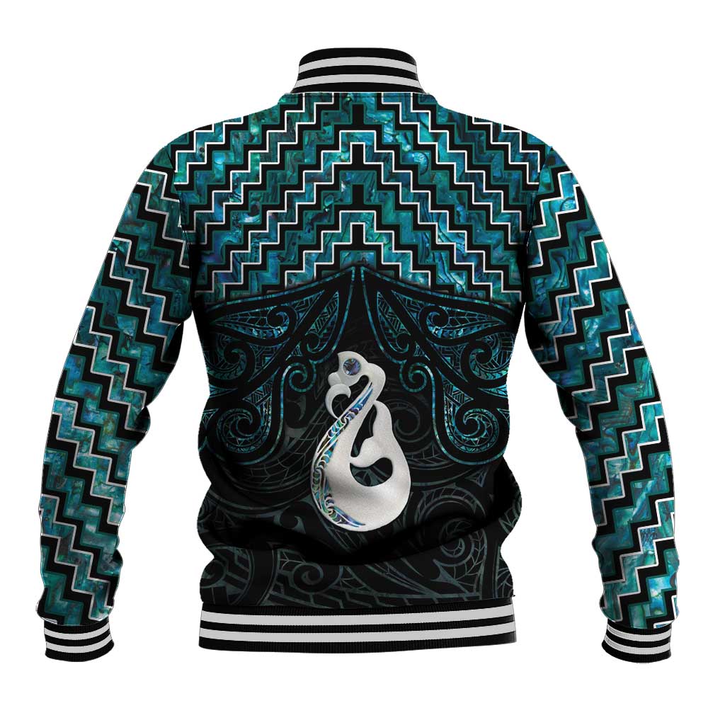 New Zealand Maori Baseball Jacket Poutama Manaia Turquoise Paua Shell