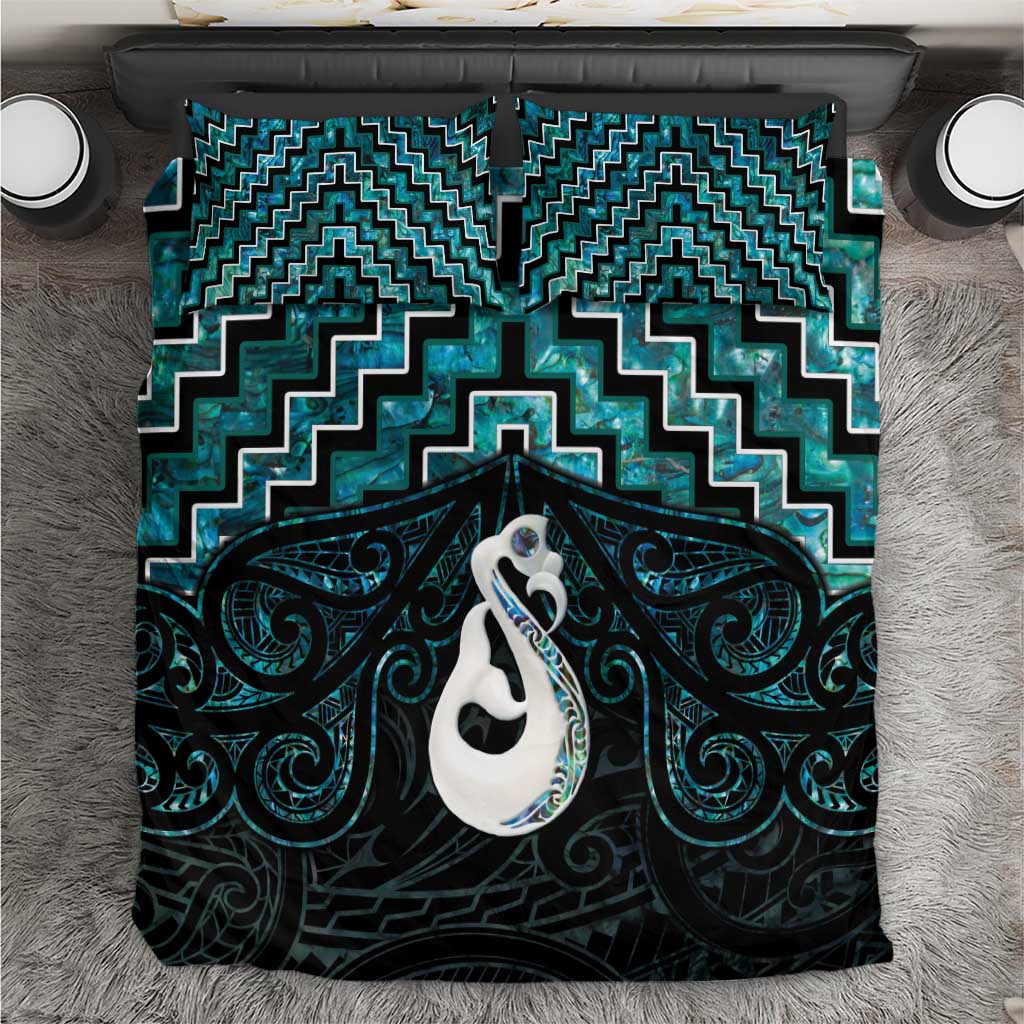 New Zealand Maori Bedding Set Poutama Manaia Turquoise Paua Shell