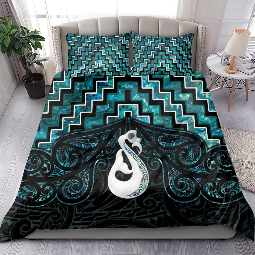 New Zealand Maori Bedding Set Poutama Manaia Turquoise Paua Shell