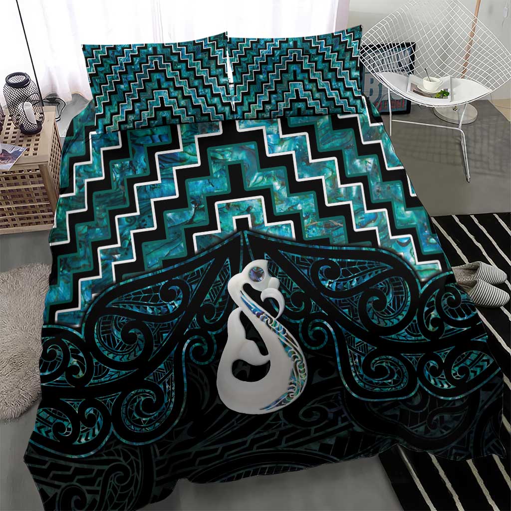 New Zealand Maori Bedding Set Poutama Manaia Turquoise Paua Shell