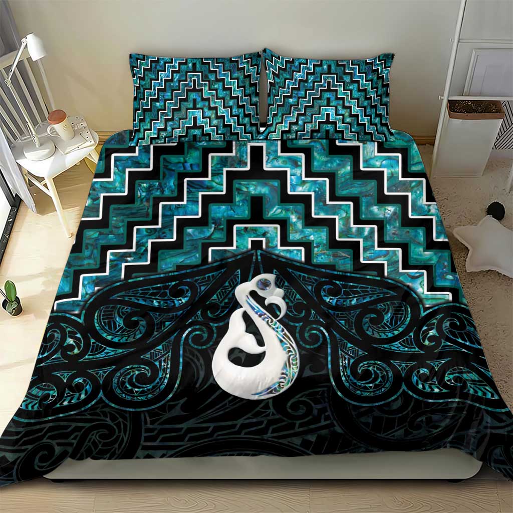 New Zealand Maori Bedding Set Poutama Manaia Turquoise Paua Shell