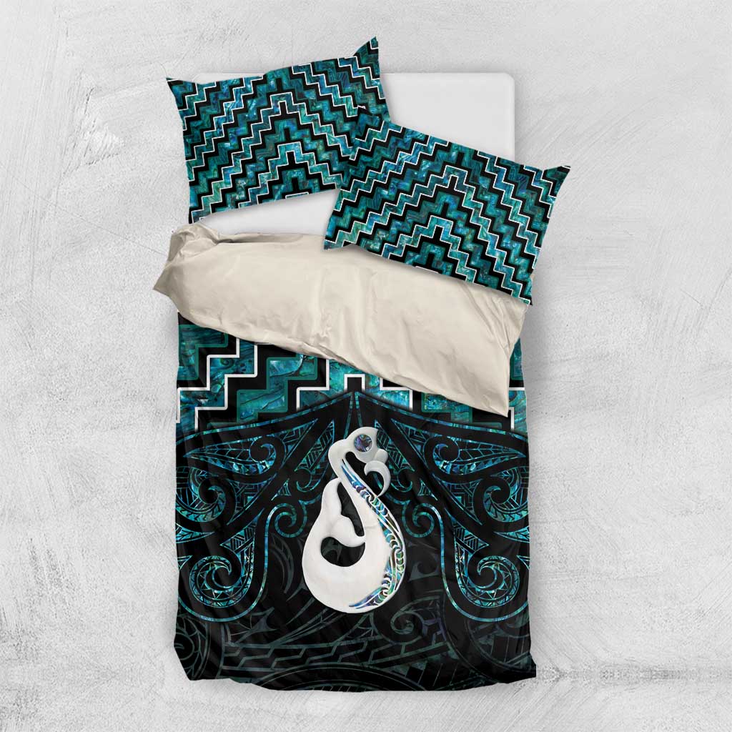 New Zealand Maori Bedding Set Poutama Manaia Turquoise Paua Shell