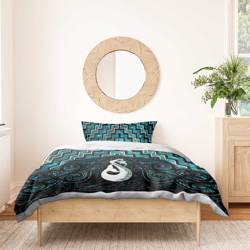 New Zealand Maori Bedding Set Poutama Manaia Turquoise Paua Shell