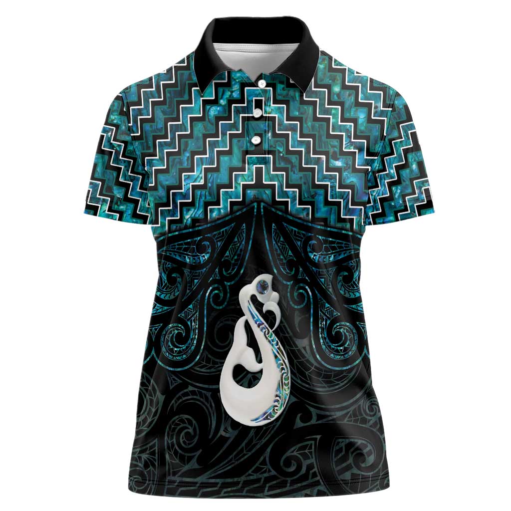 New Zealand Maori Women Polo Shirt Poutama Manaia Turquoise Paua Shell