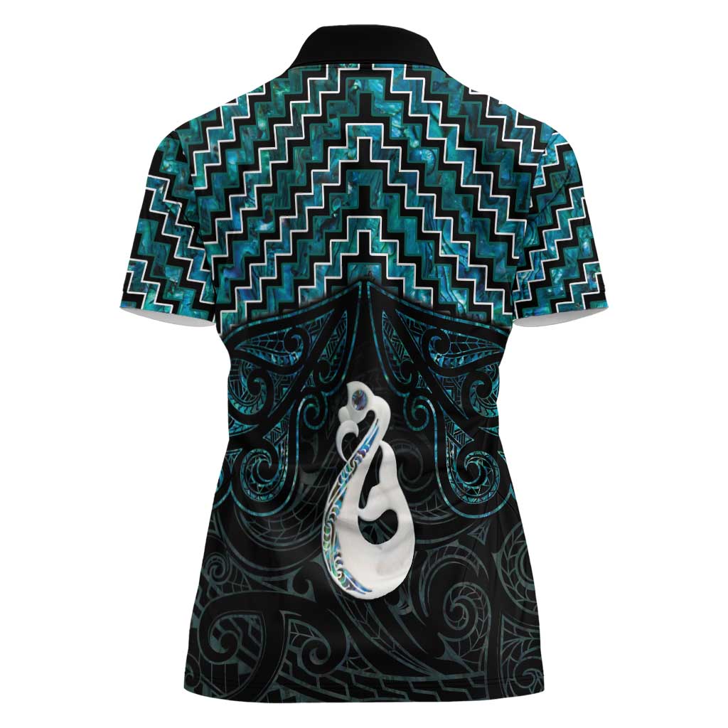 New Zealand Maori Women Polo Shirt Poutama Manaia Turquoise Paua Shell