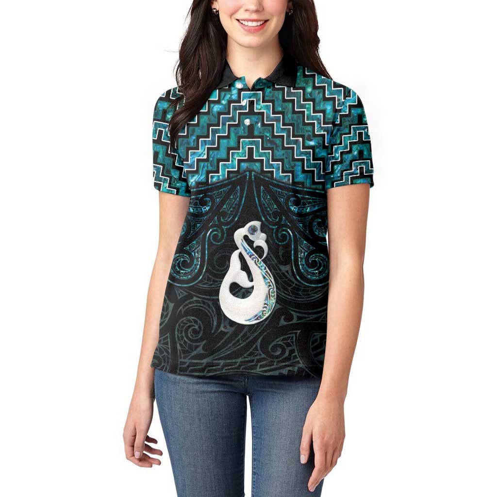 New Zealand Maori Women Polo Shirt Poutama Manaia Turquoise Paua Shell