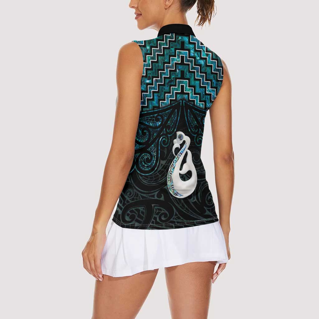 New Zealand Maori Women Sleeveless Polo Shirt Poutama Manaia Turquoise Paua Shell