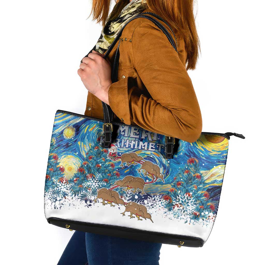 New Zealand Christmas Leather Tote Bag Kiwis Santa Sleigh Starry Night Style