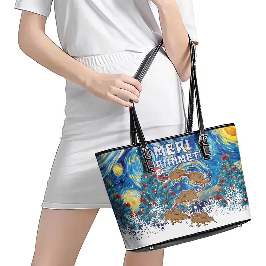 New Zealand Christmas Leather Tote Bag Kiwis Santa Sleigh Starry Night Style