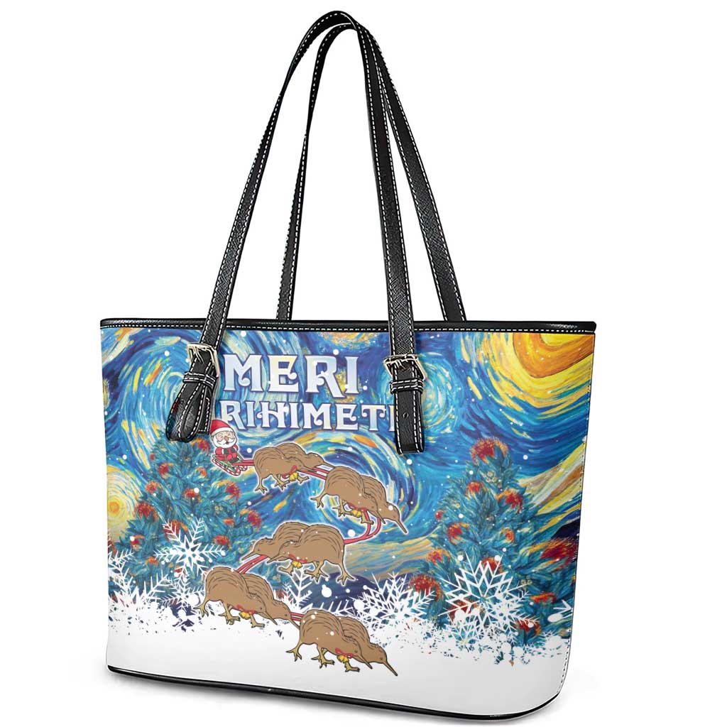 New Zealand Christmas Leather Tote Bag Kiwis Santa Sleigh Starry Night Style