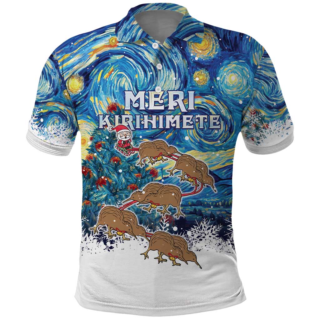 New Zealand Christmas Polo Shirt Kiwis Santa Sleigh Starry Night Style