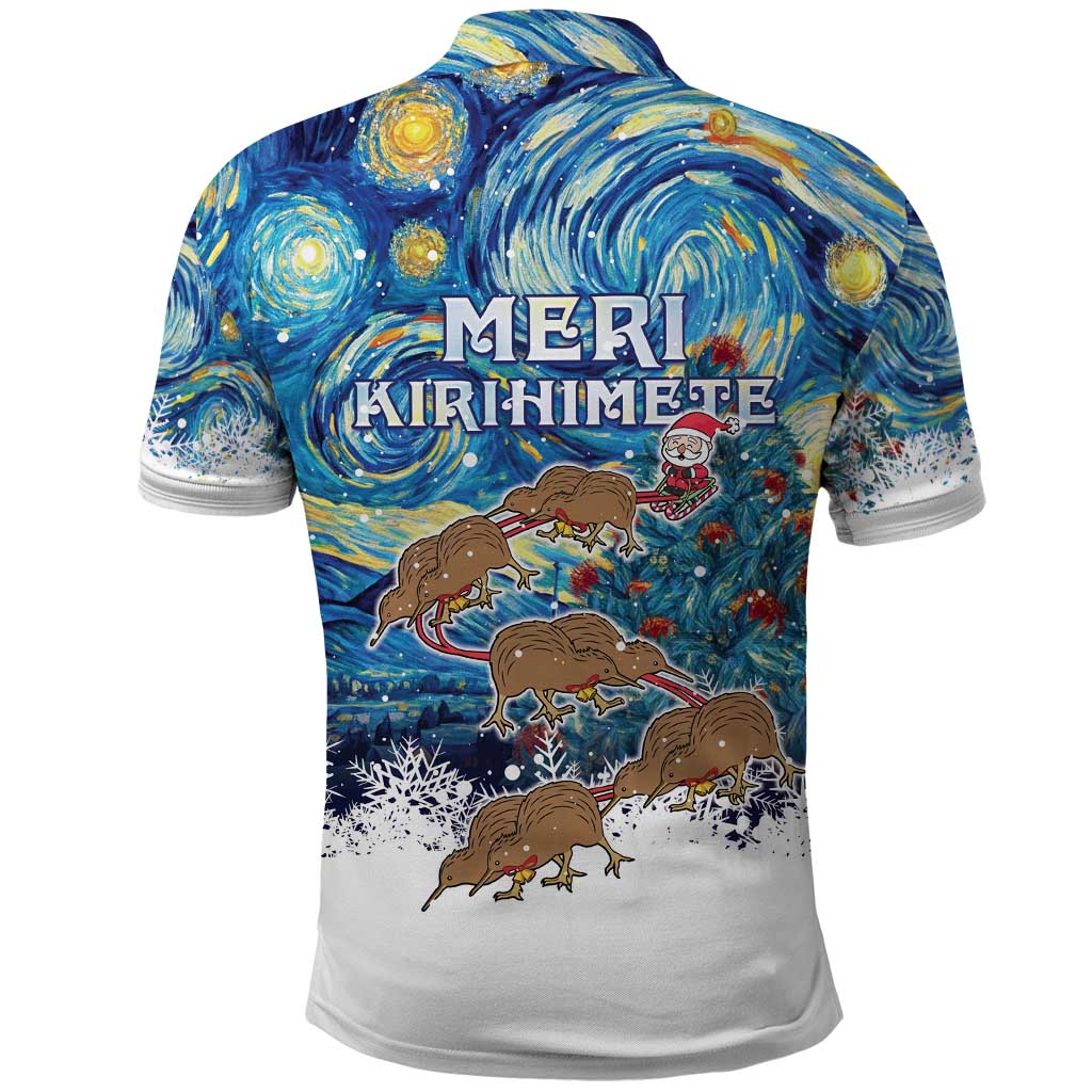 New Zealand Christmas Polo Shirt Kiwis Santa Sleigh Starry Night Style