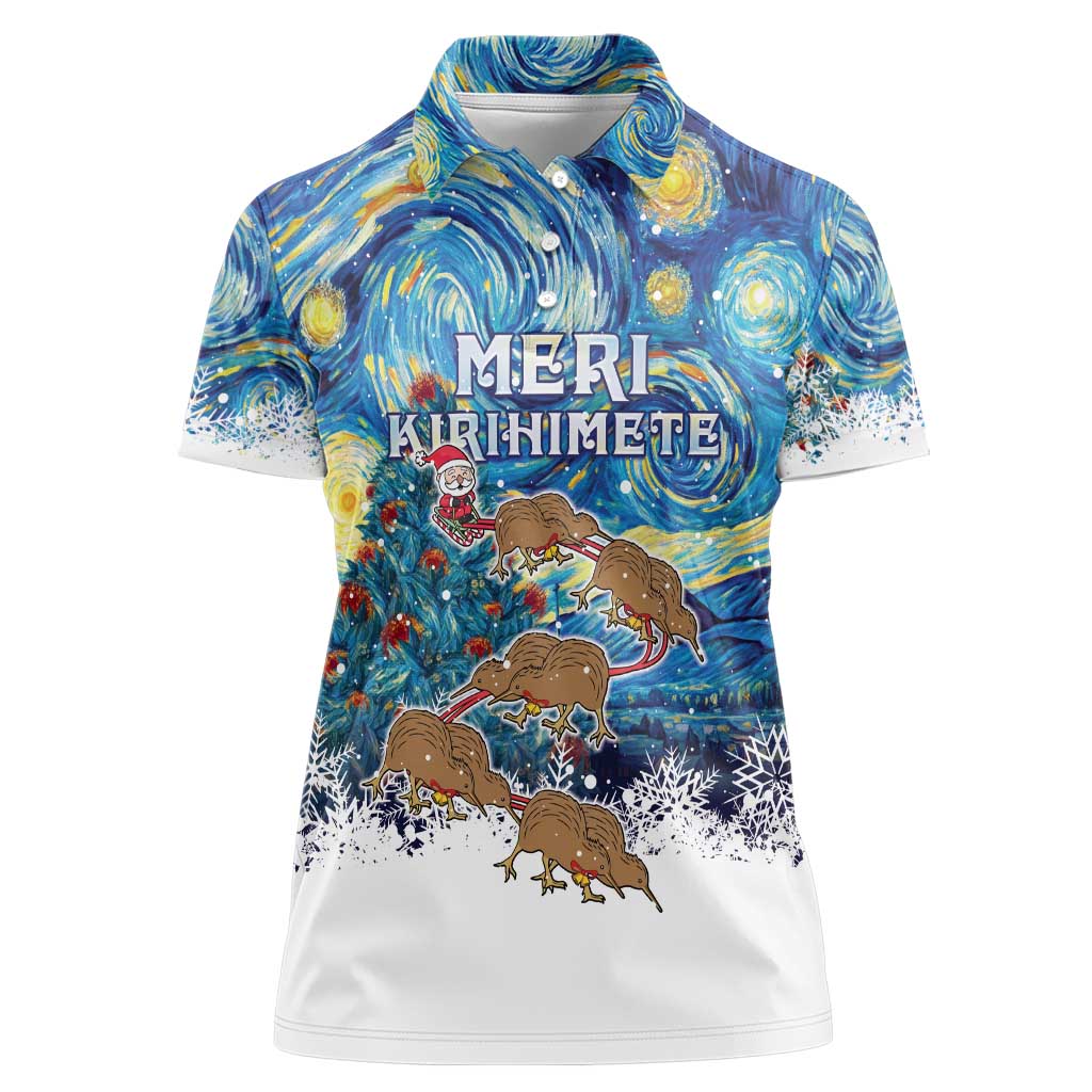 New Zealand Christmas Women Polo Shirt Kiwis Santa Sleigh Starry Night Style