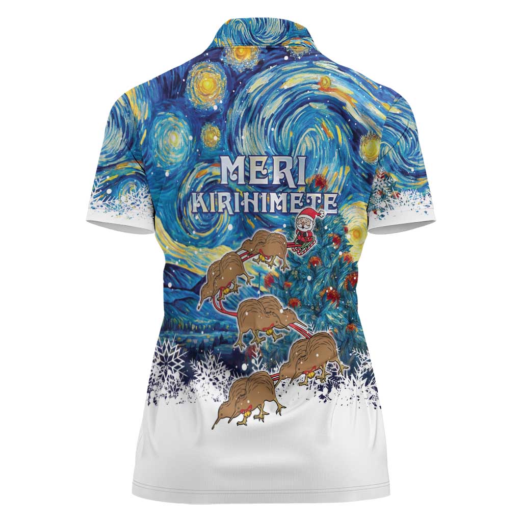 New Zealand Christmas Women Polo Shirt Kiwis Santa Sleigh Starry Night Style