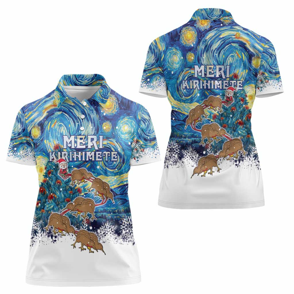 New Zealand Christmas Women Polo Shirt Kiwis Santa Sleigh Starry Night Style