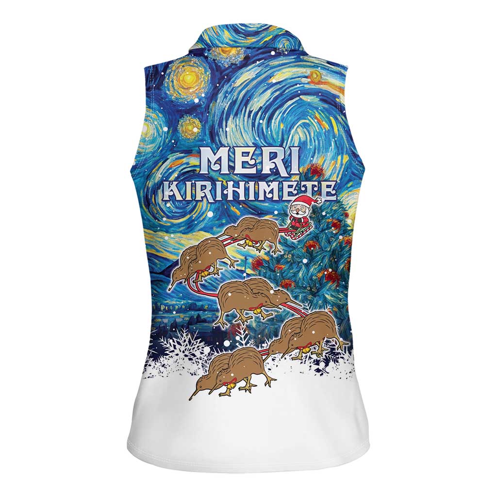 New Zealand Christmas Women Sleeveless Polo Shirt Kiwis Santa Sleigh Starry Night Style