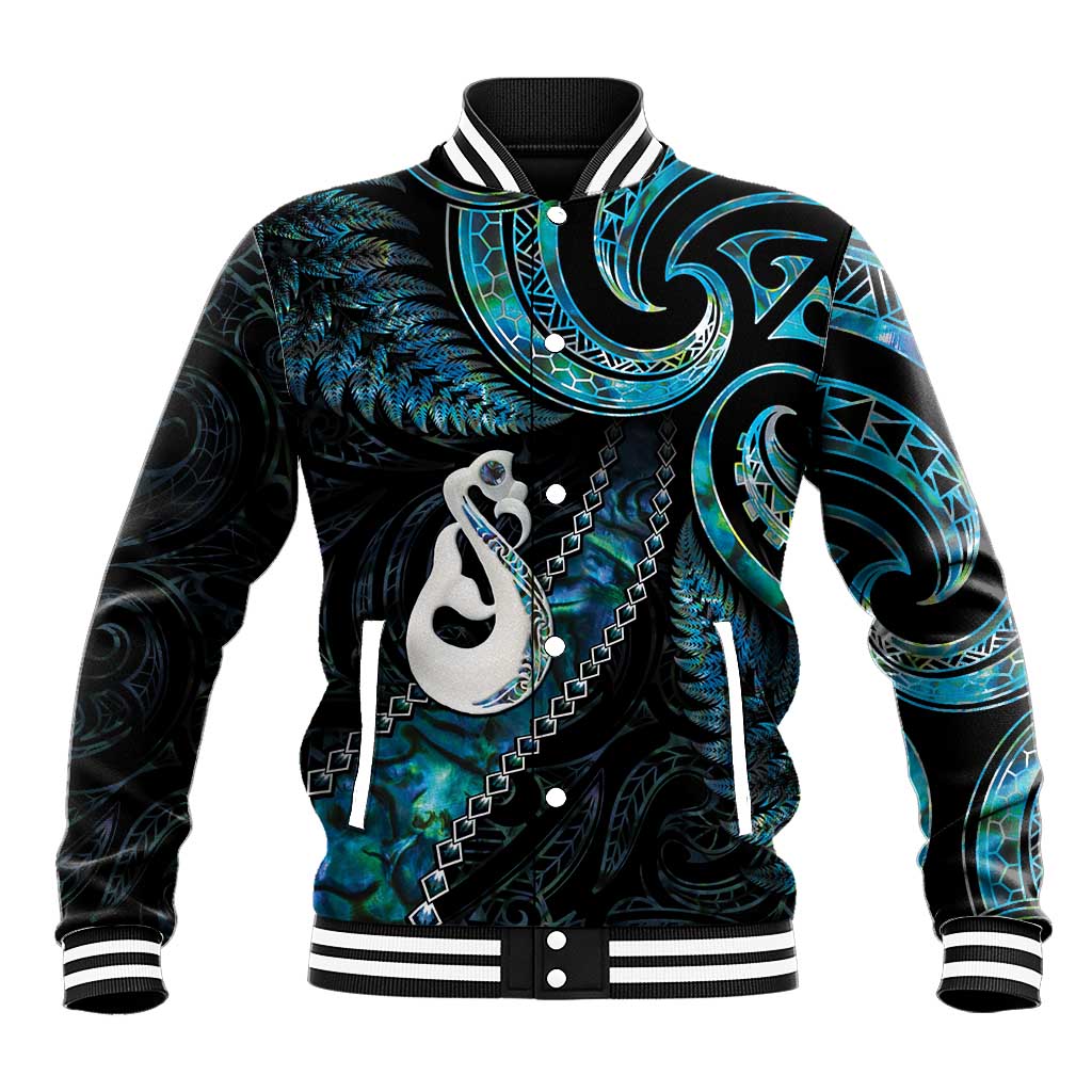 New Zealand Aotearoa Baseball Jacket Maori Manaia Paua Shell Glitter Turquoise