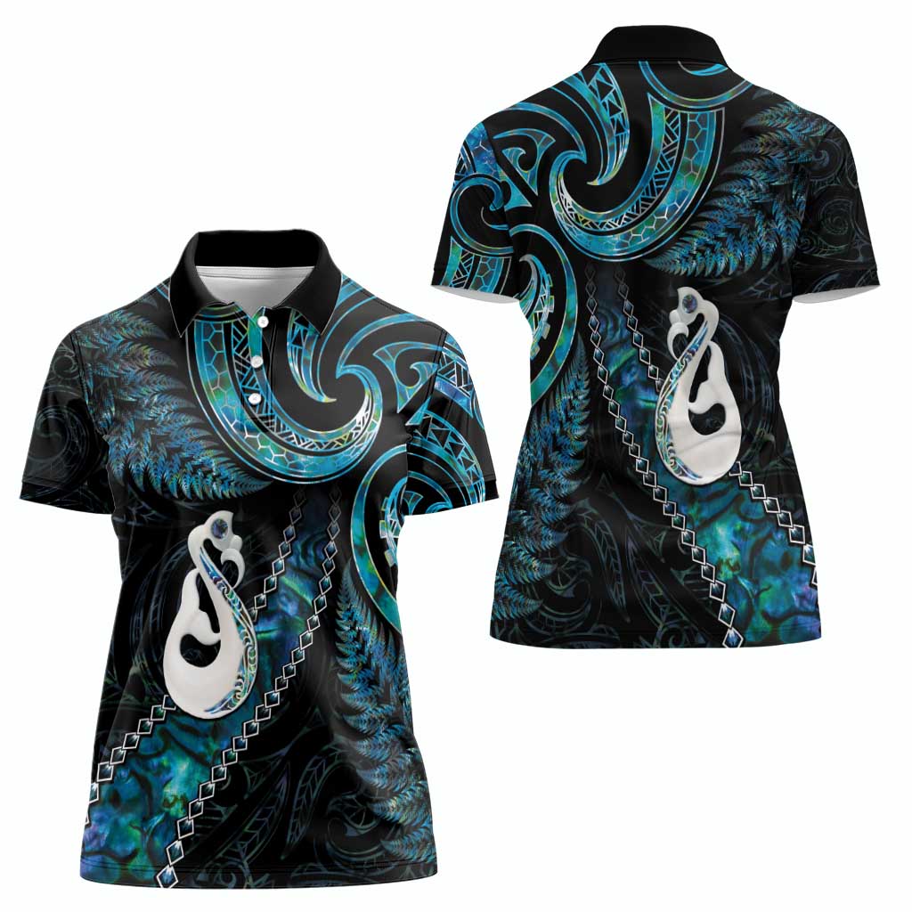 New Zealand Aotearoa Women Polo Shirt Maori Manaia Paua Shell Glitter Turquoise